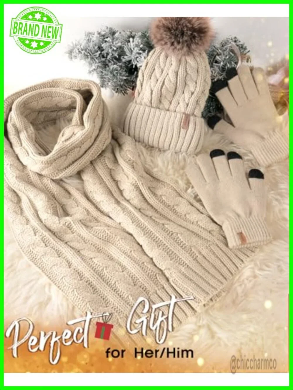 Winter Hat Gloves Scarf Set 3 in 1 Gift Warm Fleece Knit Pom Beanie Touchscreen